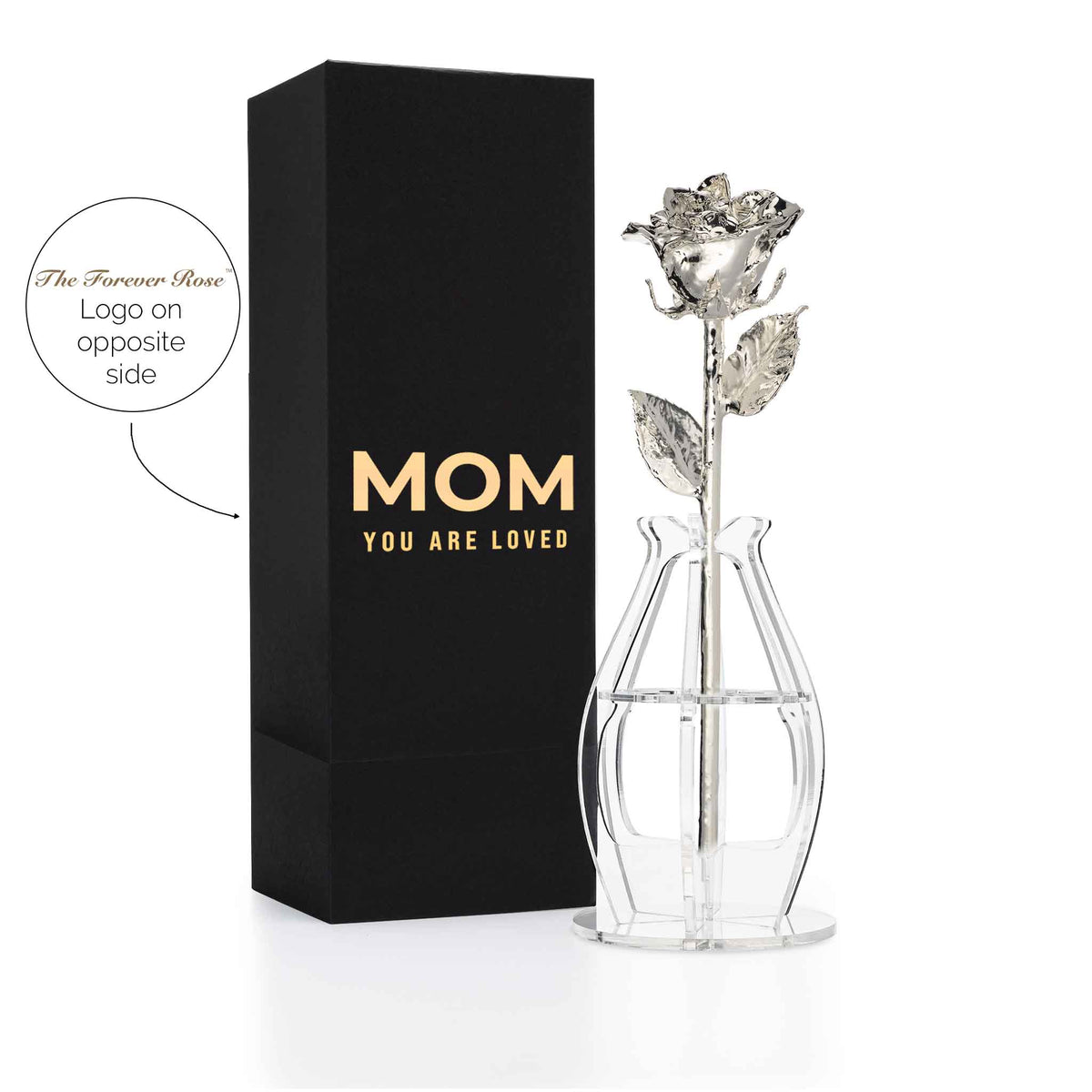 &quot;Mom You Are Loved&quot; Personalized Silver Forever Rose Combo with Bloom Box &amp; Phantom Vase™ Combo