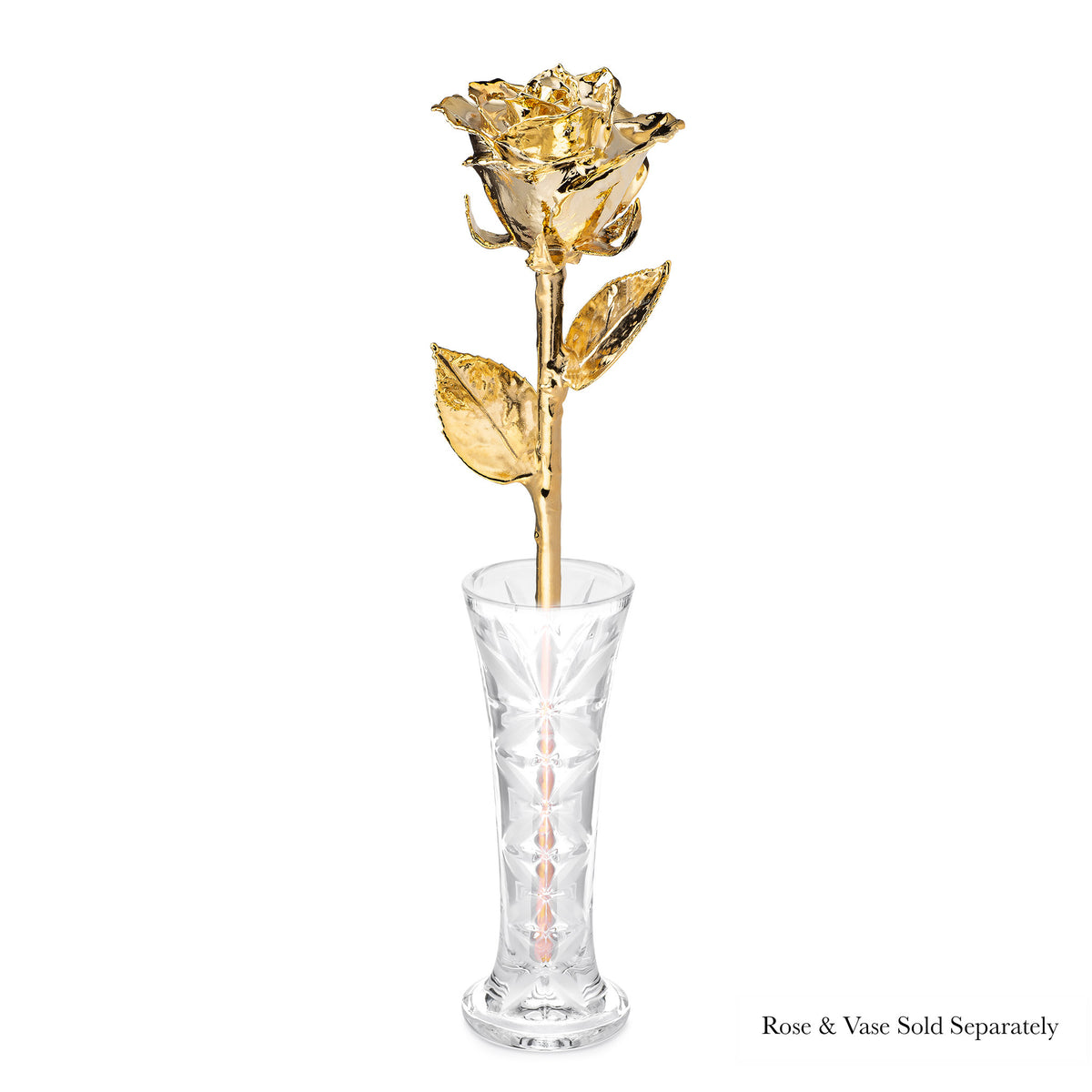 Real 24K Gold Forever Rose. Rose is fully dipped in gold. View shows the rose petals, sepals, stem, and leaves covered in 24 karat gold. The rose is shown in the optional crystal vase.