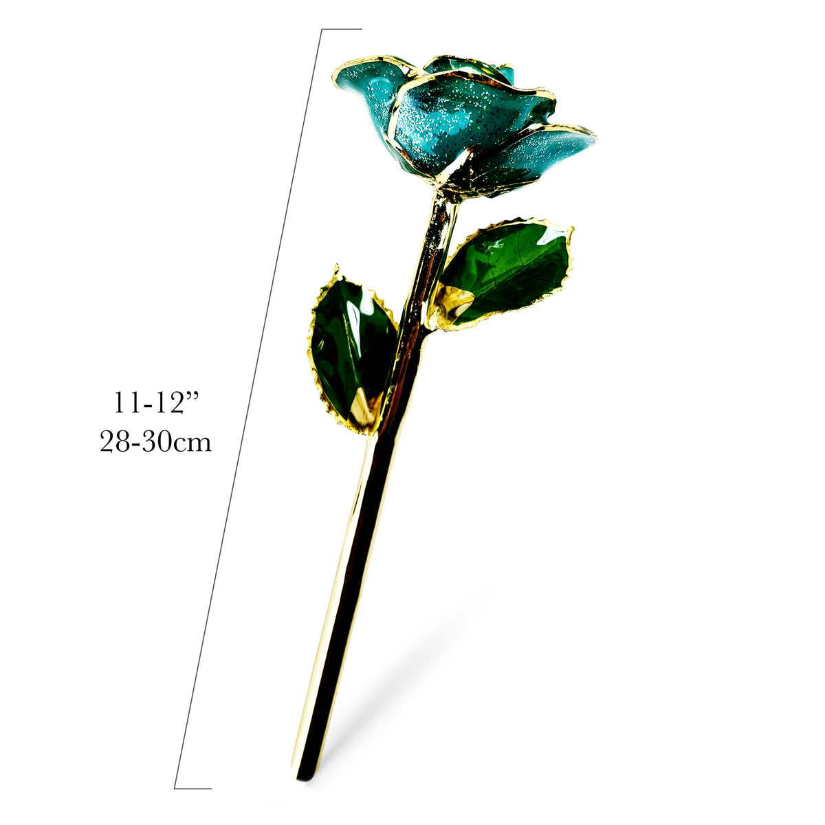 24K Gold Trimmed Forever Rose with Teal Petals with sparkles suspended in the finish. View of Stem, Leaves, and Rose Petals and Showing Detail of Gold Trim
