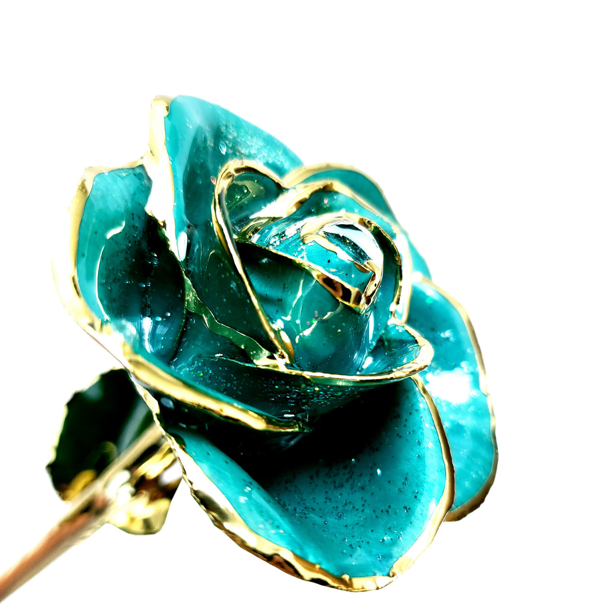 24K Gold Trimmed Forever Rose with Teal Petals with sparkles suspended in the finish. View of Stem, Leaves, and Rose Petals and Showing Detail of Gold Trim