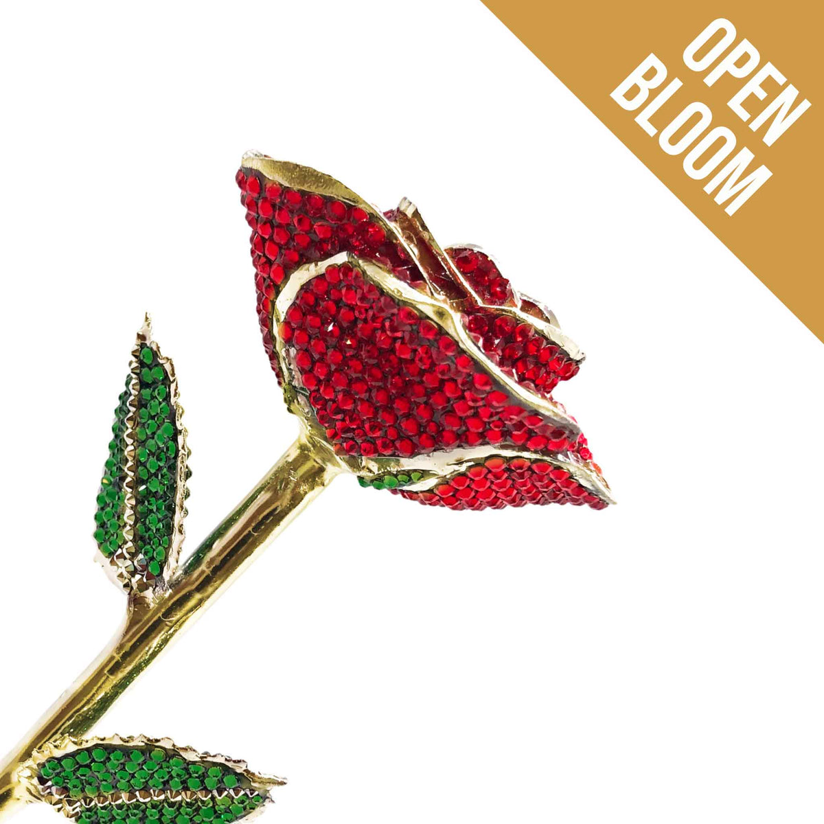 Custom 24K Gold Trim Red (Open Bloom) Forever Rose with Austrian Crystals Solid Colors(Made to Order / 14 Day Production)