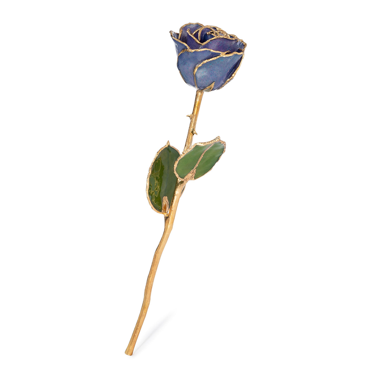 24K Gold Trimmed Forever Rose with Tanzanite (Purple, Lavender, and Blue color blend) Petals with Sapphire Blue Suspended Sparkles. View of Stem, Leaves, and Rose Petals and Showing Detail of Gold Trim