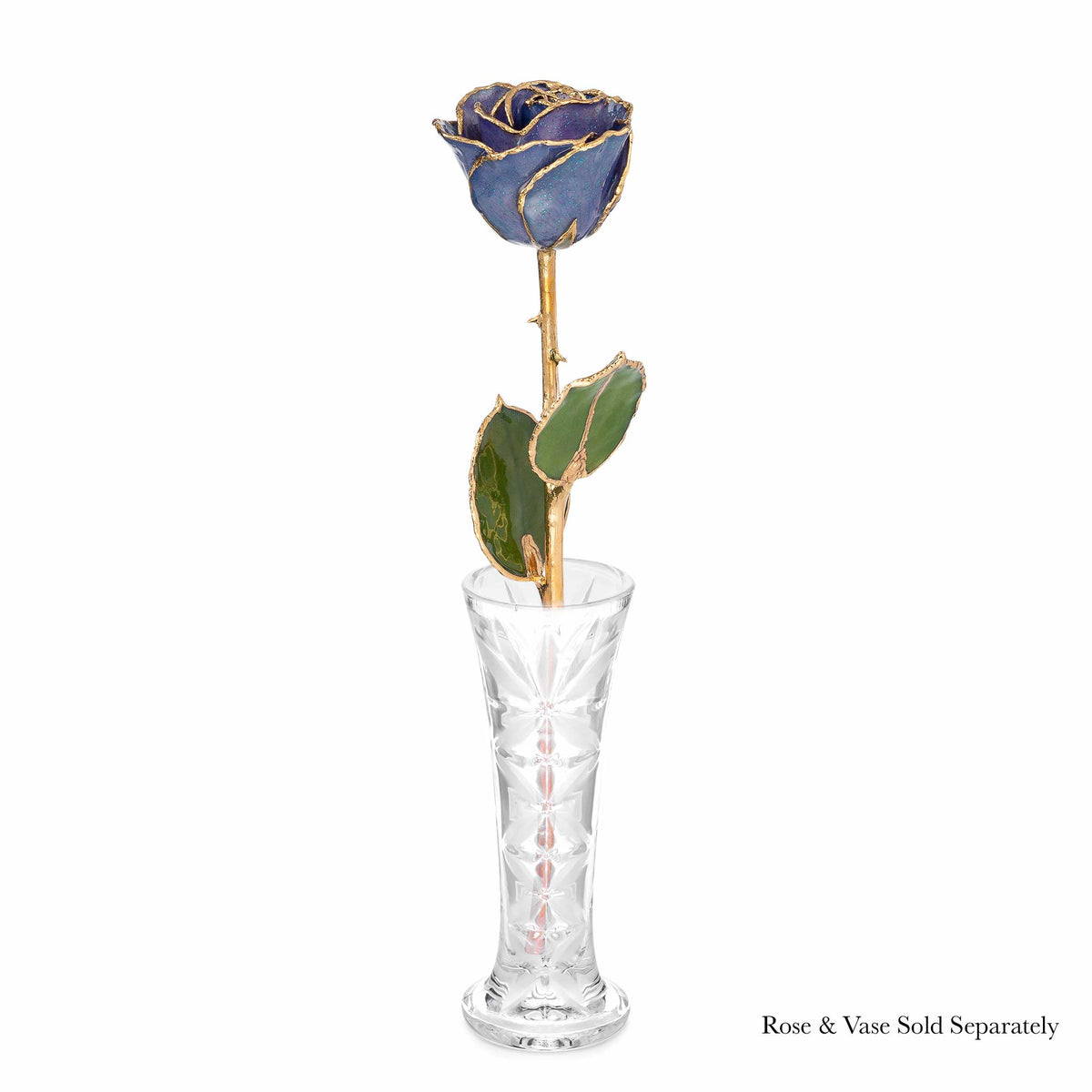 24K Gold Trimmed Forever Rose with Tanzanite (Purple, Lavender, and Blue color blend) Petals with Sapphire Blue Suspended Sparkles. View of Stem, Leaves, and Rose Petals and Showing Detail of Gold Trim Shown with Optional Crystal Vase.