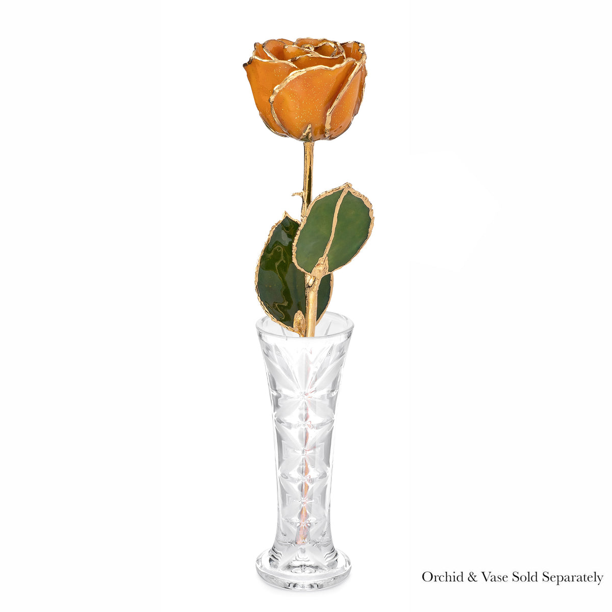 24K Gold Trimmed Forever Rose with Topaz or Citrine (Amber color) Petals with Gold colored Suspended Sparkles. View of Stem, Leaves, and Rose Petals and Showing Detail of Gold Trim. Shown with optional crystal bud vase