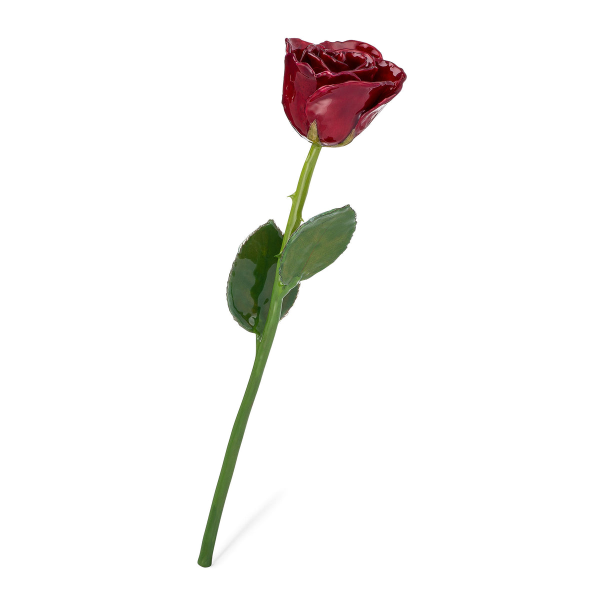 Natural (Green Stem) Forever Rose with Deep Red, Burgundy Colored Petals. View of Stem, Leaves, and Rose Petals. This a Forever Rose without any gold or other precious metals on it.
