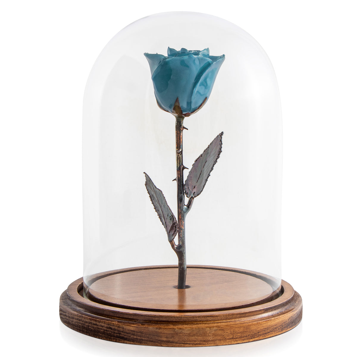 Blue Enchanted Rose (aka Beauty &amp; The Beast Rose) with Patina Copper Stem Mounted to A Hand Turned Solid Wood Base under a glass dome. 