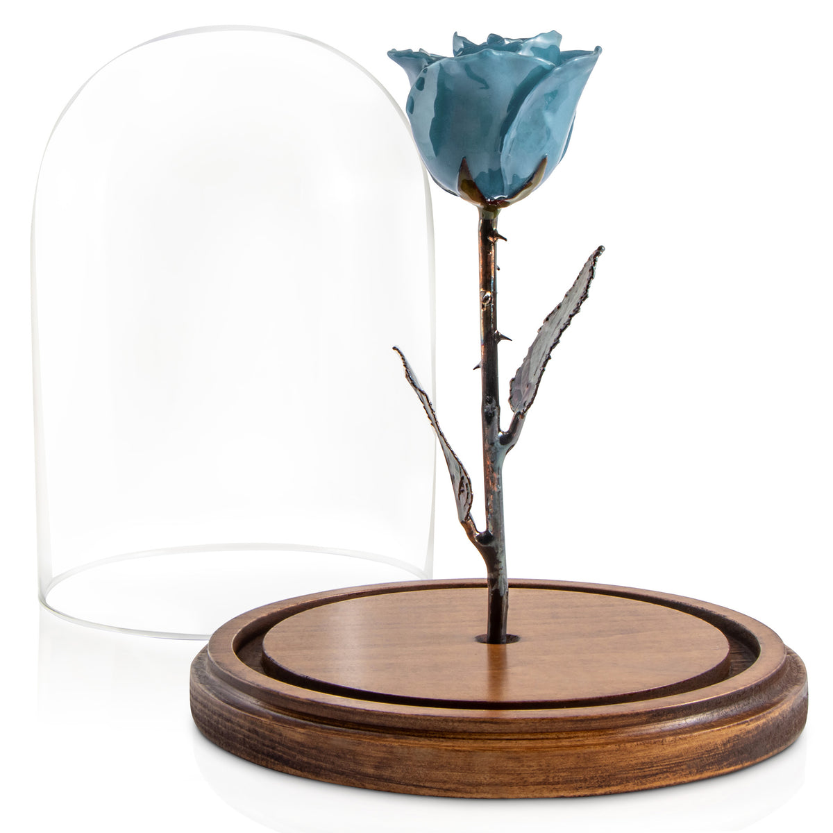 Blue Enchanted Rose (aka Beauty &amp; The Beast Rose) with Patina Copper Stem Mounted to A Hand Turned Solid Wood Base under a glass dome. Shown with dome off.
