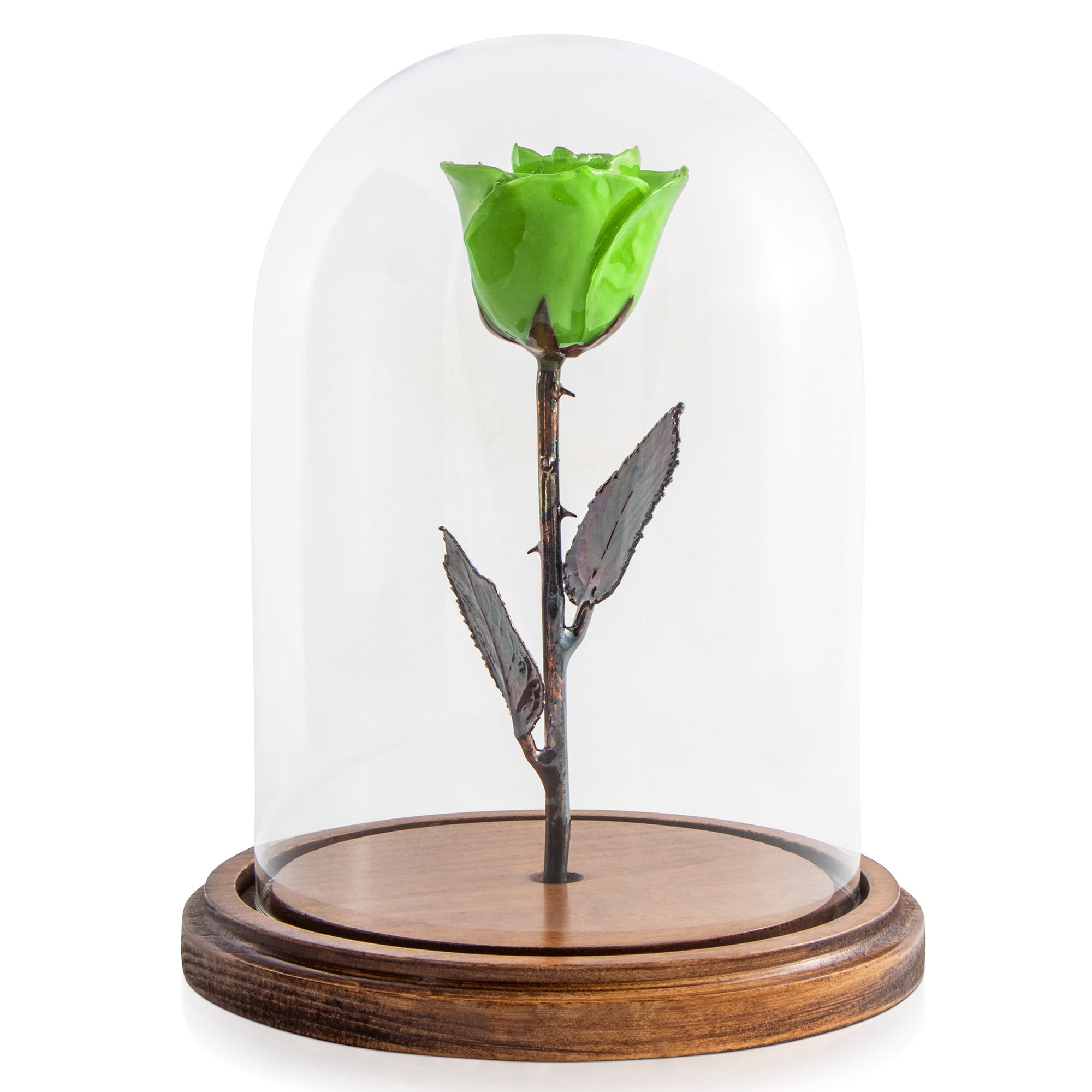 Green Enchanted Rose (aka Beauty & The Beast Rose) with Patina Copper Stem Mounted to A Hand Turned Solid Wood Base under a glass dome.