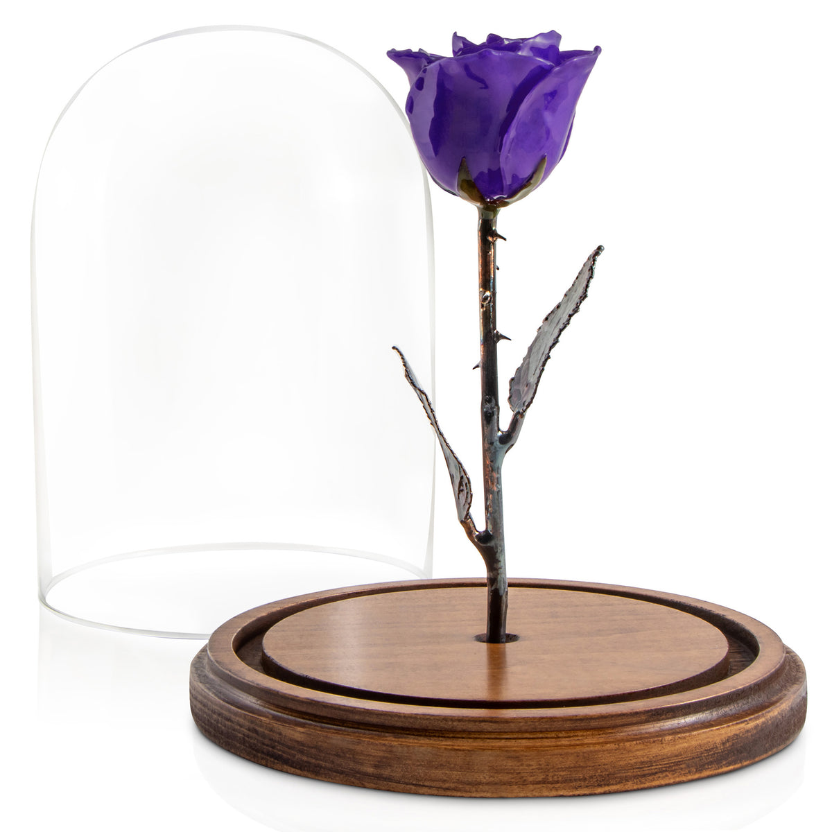 Purple Enchanted Rose (aka Beauty &amp; The Beast Rose) with Patina Copper Stem Mounted to A Hand Turned Solid Wood Base under a glass dome. View with dome off.