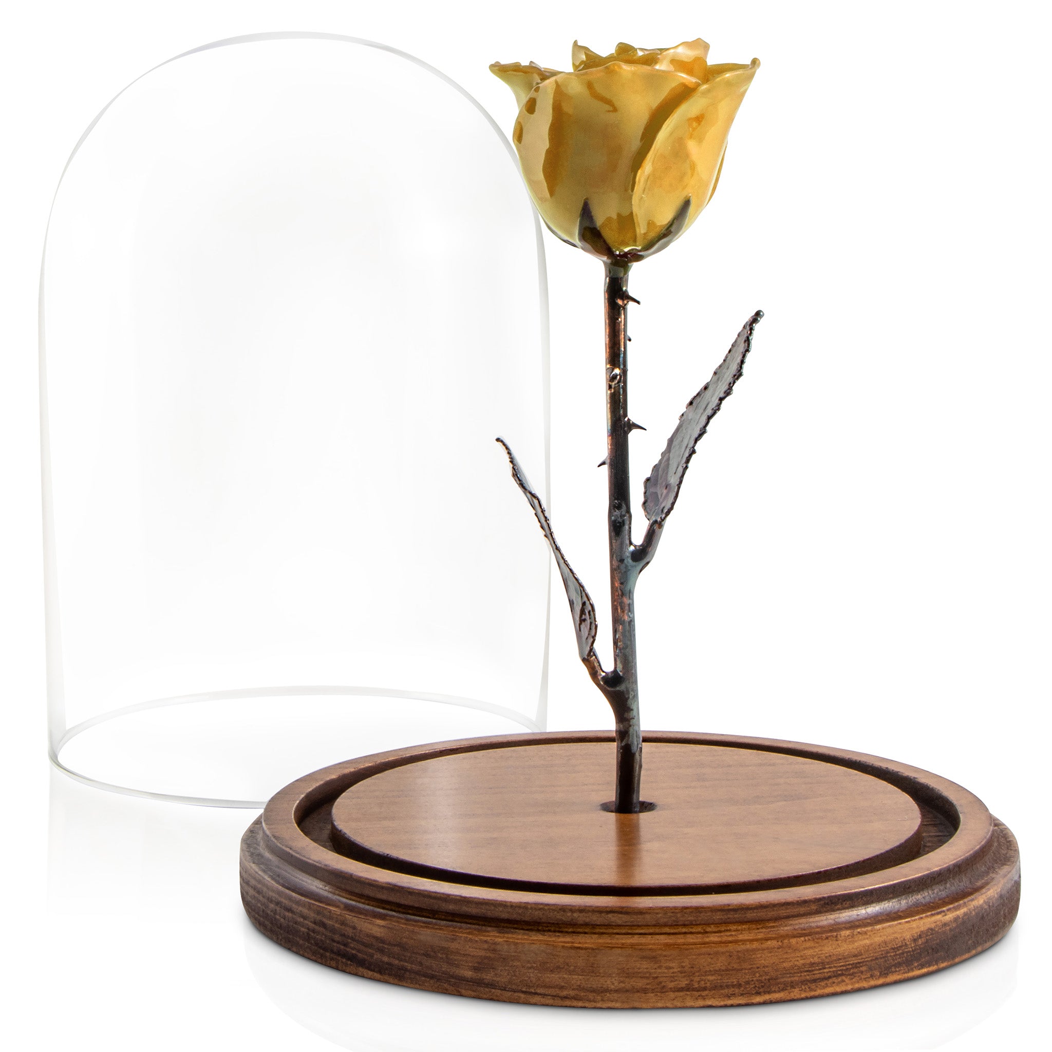 Yellow Enchanted Rose (aka Beauty & The Beast Rose) with Patina Copper Stem Mounted to A Hand Turned Solid Wood Base under a glass dome.