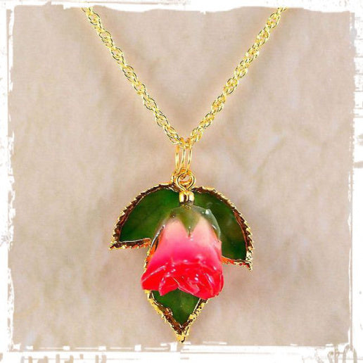 Real Forever Rose Bud w/leaves Necklace