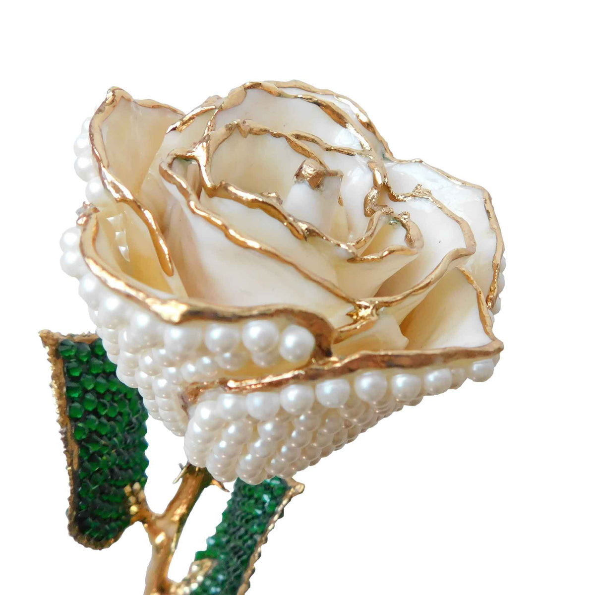 Custom 24K Gold Trim White Pearl (June Birthstone) Forever Rose with Austrian Crystals Solid Colors (Ready To Ship)