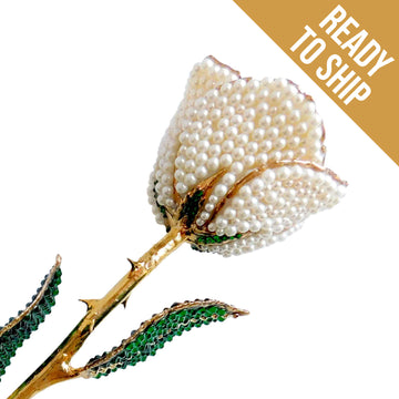 Custom 24K Gold Trim White Pearl (June Birthstone) Forever Rose with Swarovski¨ Crystals (Solid Color)  (Made to Order)
