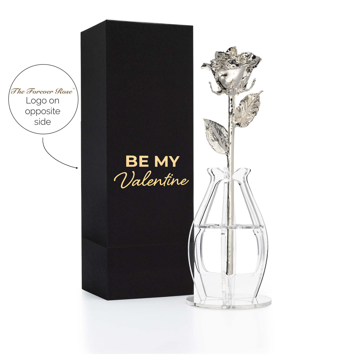 &quot;Be My Valentine&quot; Personalized Silver Forever Rose Combo with Bloom Box &amp; Phantom Vase™ Combo