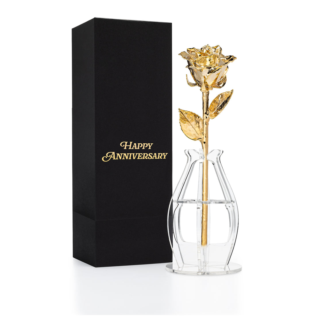 "Happy Anniversary" Personalized 24K Gold Forever Rose Combo with Bloom Box & Phantom Vase™ Combo