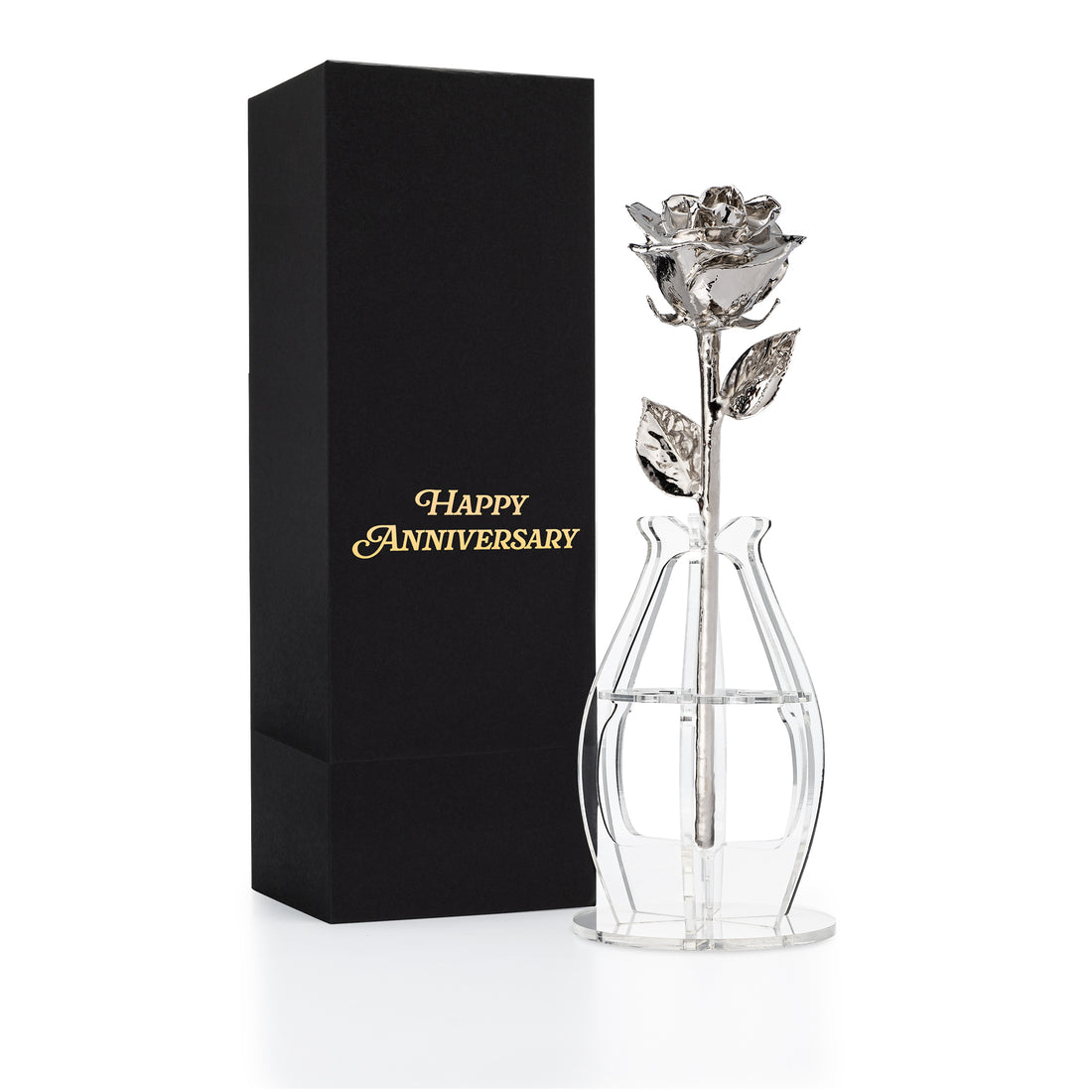 "Happy Anniversary" Personalized Platinum Forever Rose Combo with Bloom Box & Phantom Vase™ Combo
