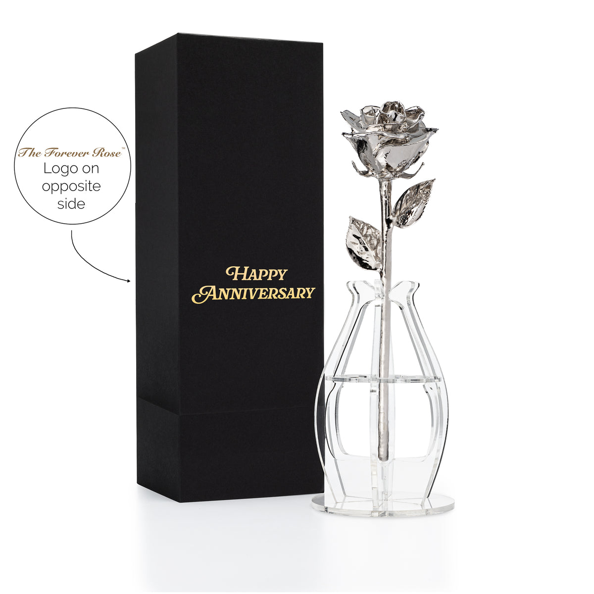 &quot;Happy Anniversary&quot; Personalized Platinum Forever Rose Combo with Bloom Box &amp; Phantom Vase™ Combo