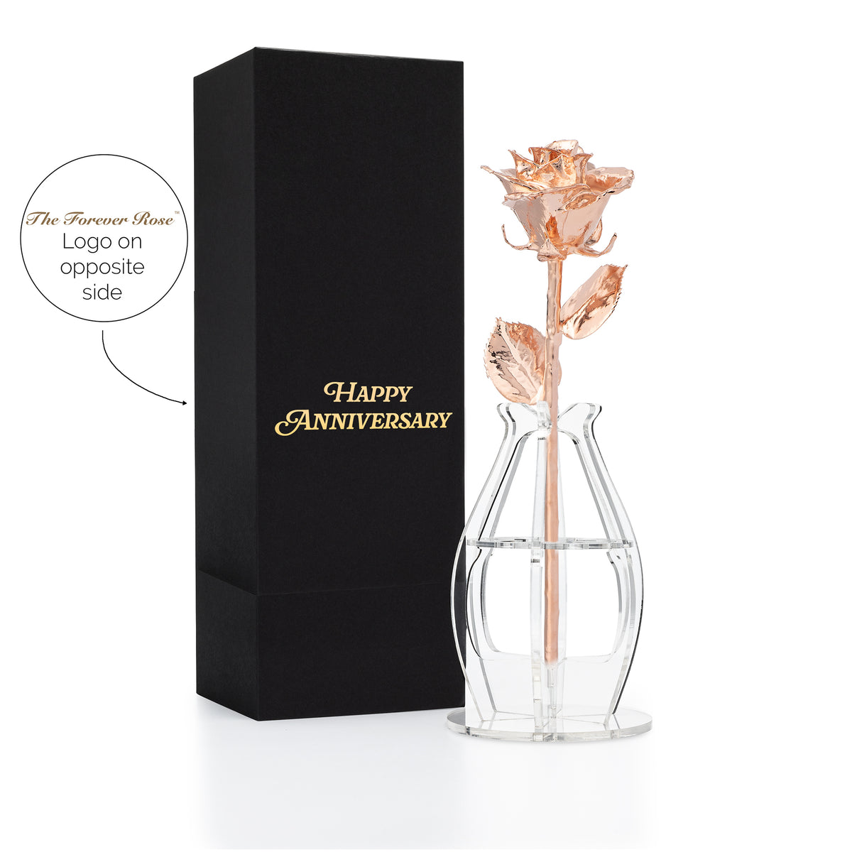 &quot;Happy Anniversary&quot; Personalized Rose Gold Forever Rose Combo with Bloom Box &amp; Phantom Vase™ Combo