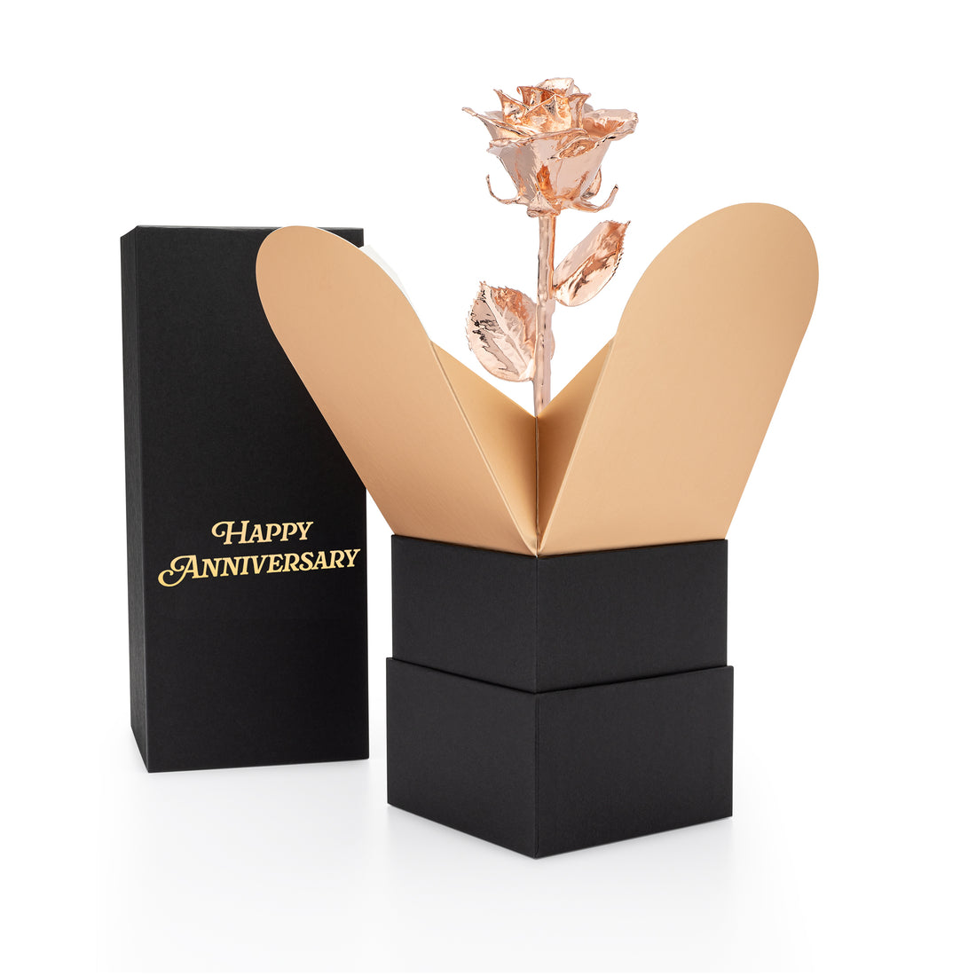 "Happy Anniversary" Personalized Rose Gold Forever Rose Combo with Bloom Box & Phantom Vase™ Combo