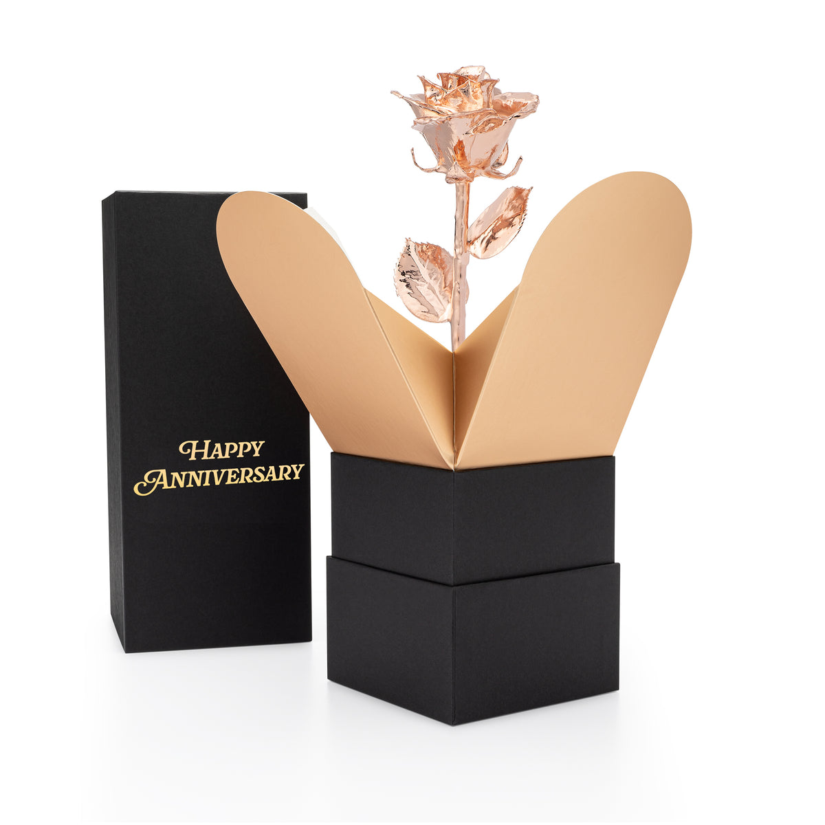 &quot;Happy Anniversary&quot; Personalized Rose Gold Forever Rose Combo with Bloom Box &amp; Phantom Vase™ Combo