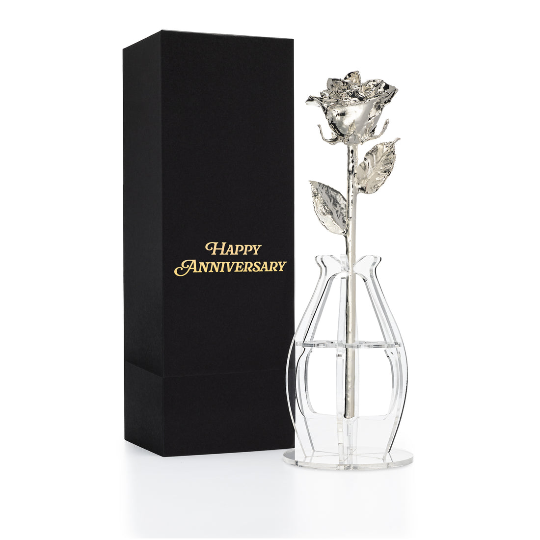 "Happy Anniversary" Personalized Silver Forever Rose Combo with Bloom Box & Phantom Vase™ Combo