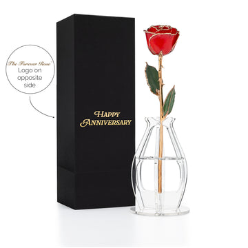 "Happy Anniversary" Personalized 24K Gold Trim Red Forever Rose Combo with Bloom Box & Phantom Vase™ Combo