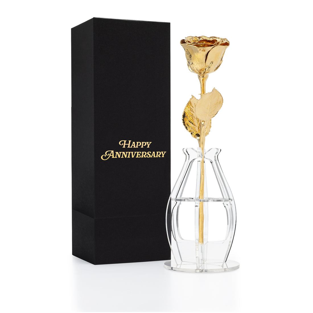 "Happy Anniversary" Personalized High Detail 24K Gold Forever Rose Combo with Bloom Box & Phantom Vase™ Combo