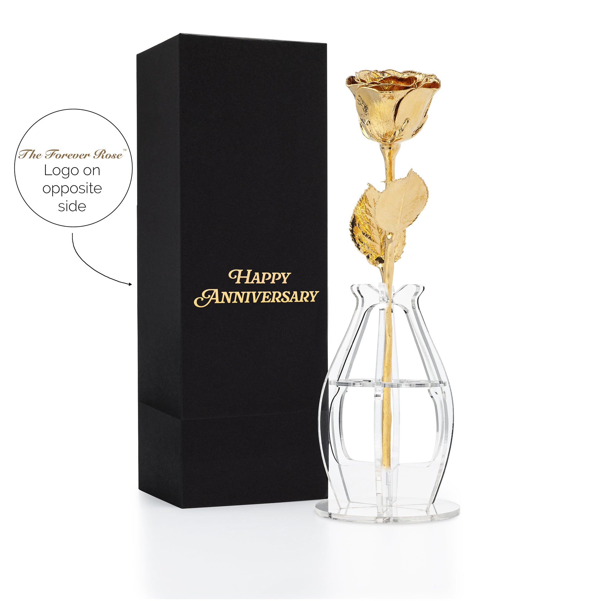 "Happy Anniversary" Personalized High Detail 24K Gold Forever Rose Combo with Bloom Box & Phantom Vase™ Combo