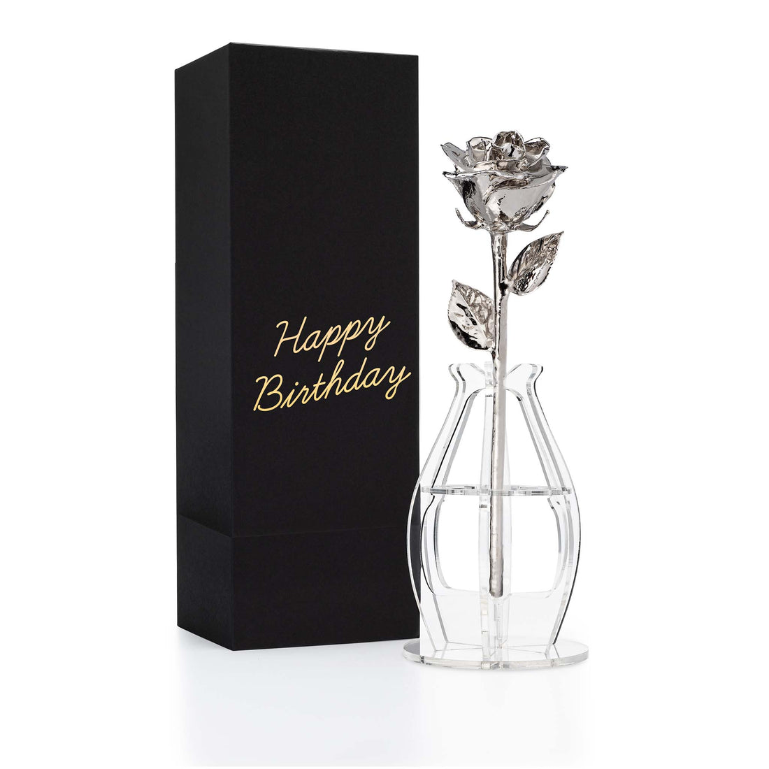 "Happy Birthday" Personalized Platinum Forever Rose Combo with Bloom Box & Phantom Vase™ Combo