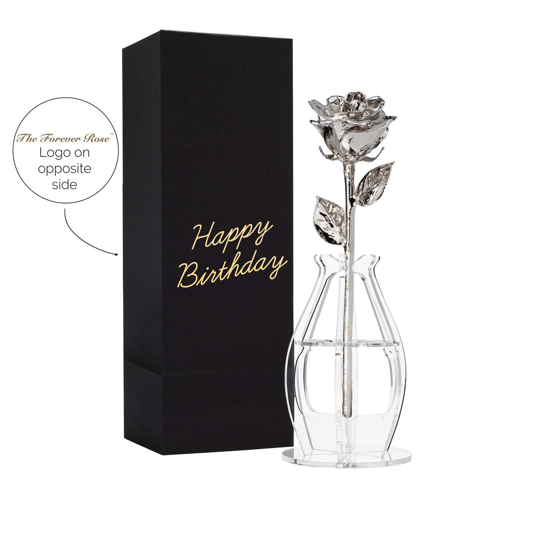 "Happy Birthday" Personalized Platinum Forever Rose Combo with Bloom Box & Phantom Vase™ Combo