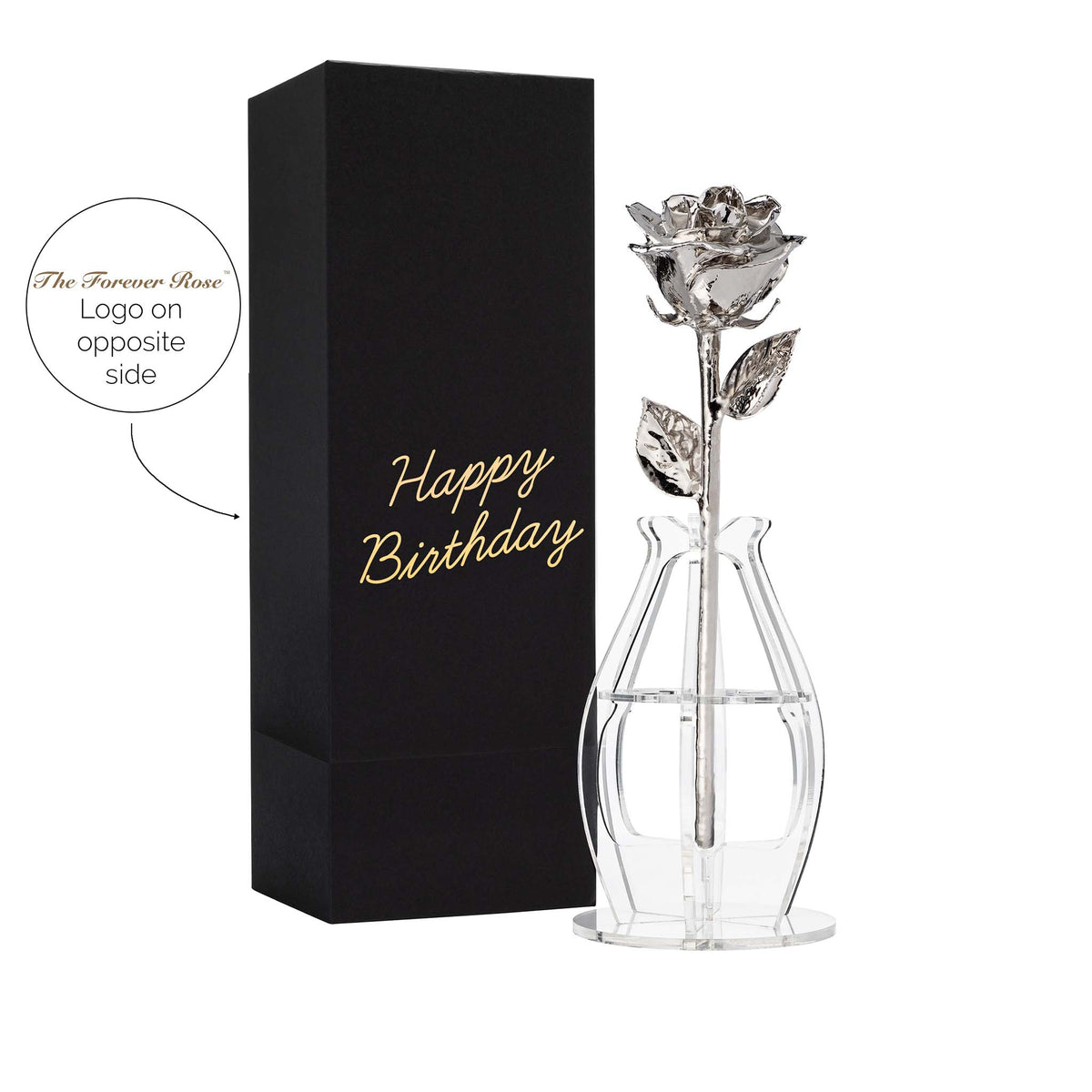 &quot;Happy Birthday&quot; Personalized Platinum Forever Rose Combo with Bloom Box &amp; Phantom Vase™ Combo