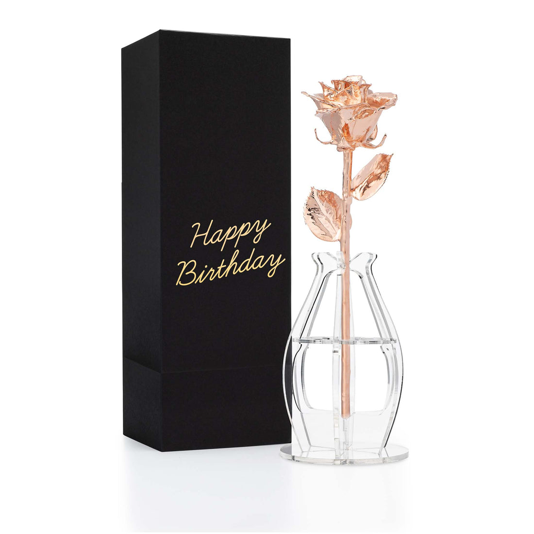 "Happy Birthday" Personalized Rose Gold Forever Rose Combo with Bloom Box & Phantom Vase™ Combo