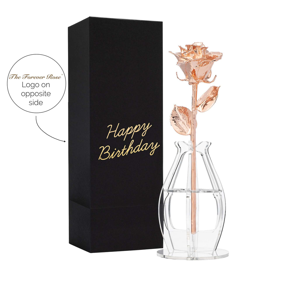 &quot;Happy Birthday&quot; Personalized Rose Gold Forever Rose Combo with Bloom Box &amp; Phantom Vase™ Combo