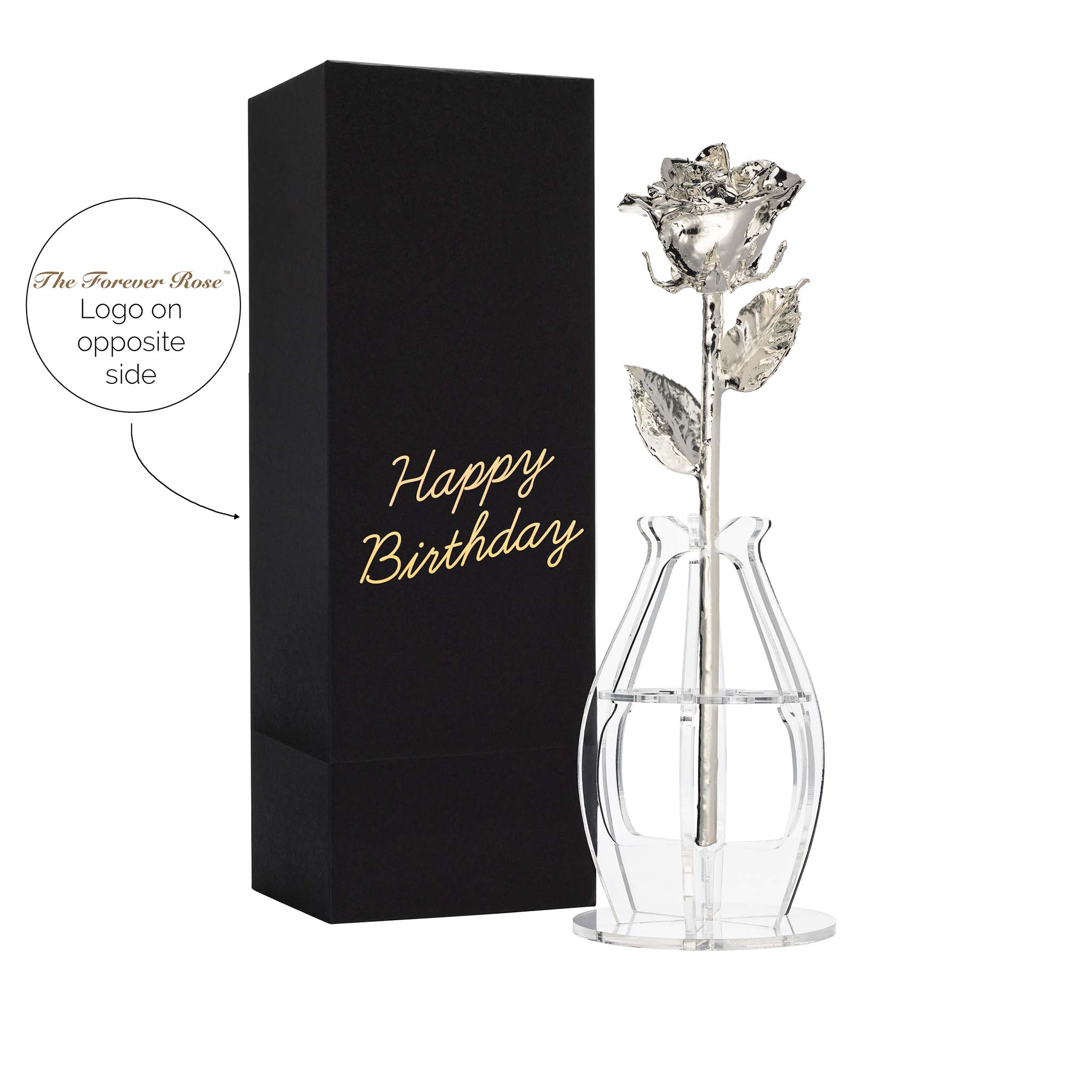 "Happy Birthday" Personalized Silver Forever Rose Combo with Bloom Box & Phantom Vase™ Combo