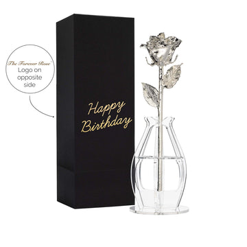 "Happy Birthday" Personalized Silver Forever Rose Combo with Bloom Box & Phantom Vase™ Combo