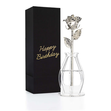 "Happy Birthday" Personalized Silver Forever Rose Combo with Bloom Box & Phantom Vase™ Combo