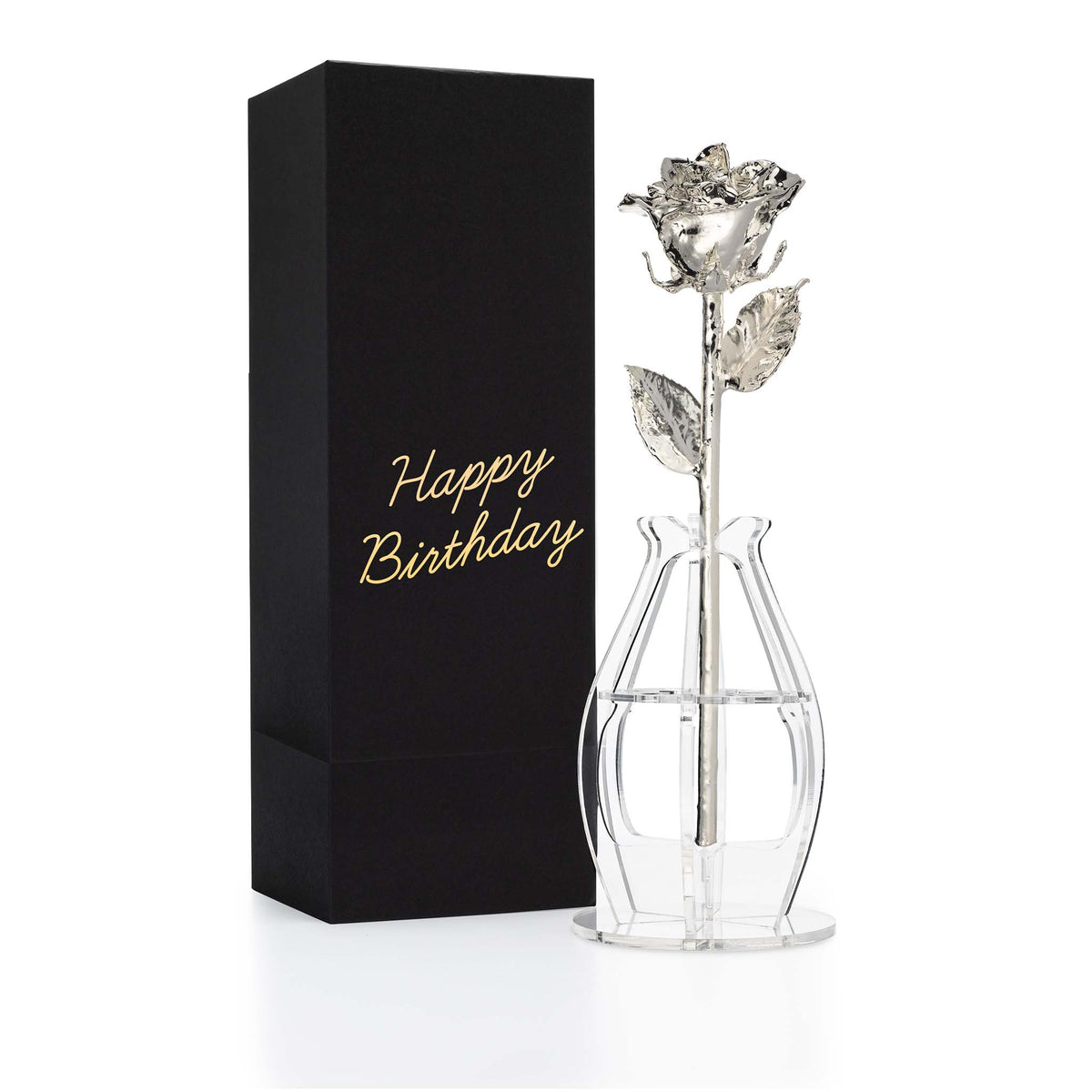 &quot;Happy Birthday&quot; Personalized Silver Forever Rose Combo with Bloom Box &amp; Phantom Vase™ Combo