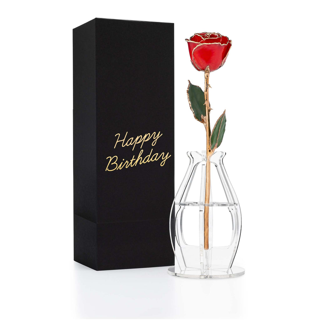 "Happy Birthday" Personalized 24K Gold Trim Red Forever Rose Combo with Bloom Box & Phantom Vase™ Combo