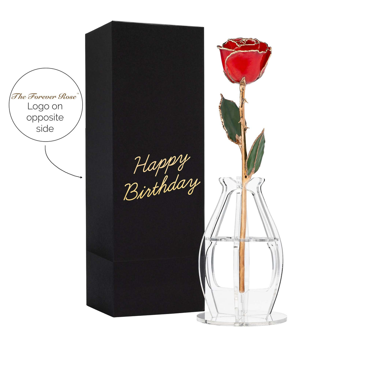 &quot;Happy Birthday&quot; Personalized 24K Gold Trim Red Forever Rose Combo with Bloom Box &amp; Phantom Vase™ Combo