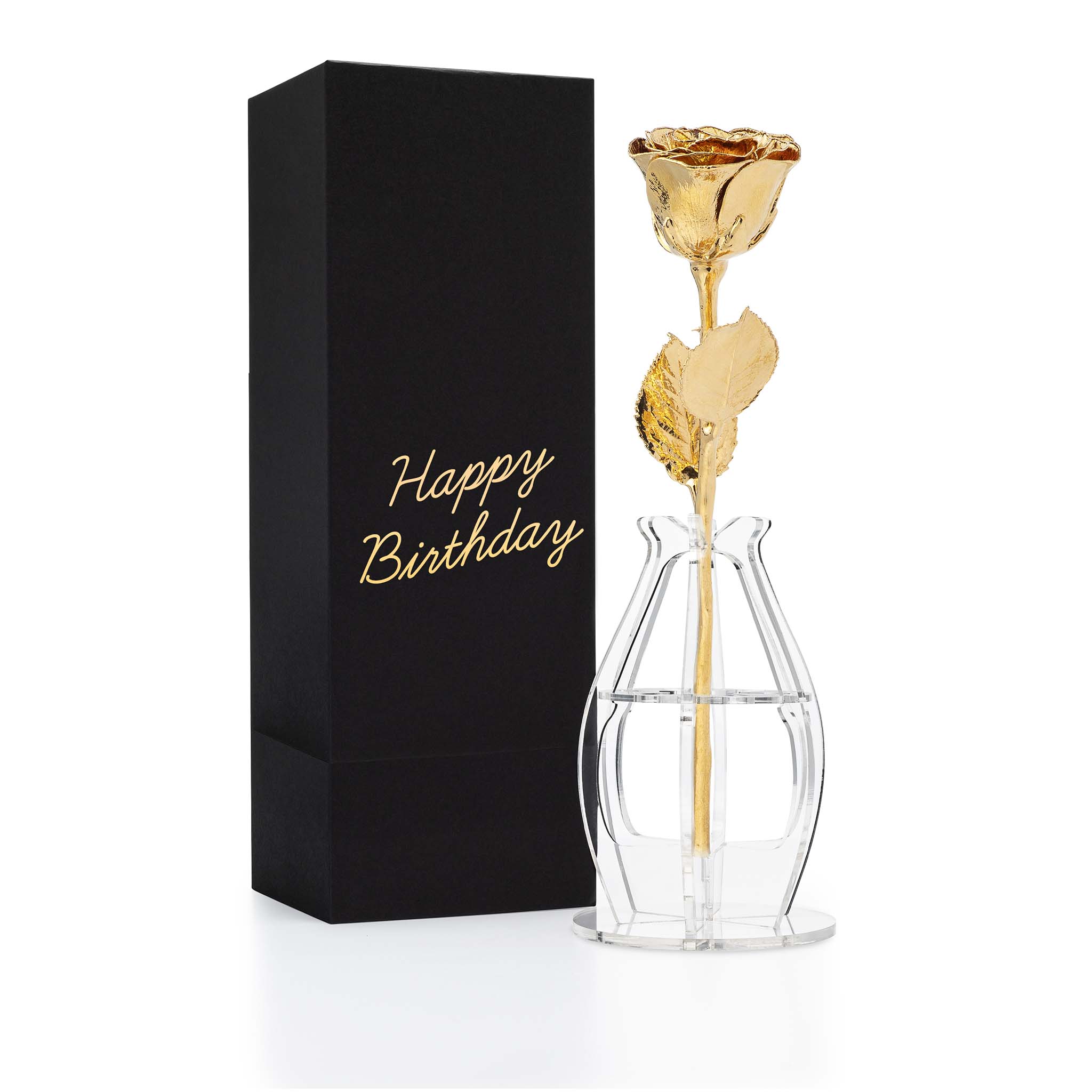 "Happy Birthday" Personalized High Detail 24K Gold Forever Rose Combo with Bloom Box & Phantom Vase™ Combo