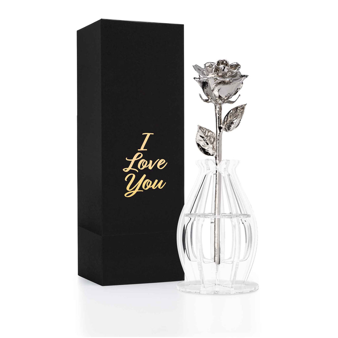 "I Love You" Personalized Platinum Forever Rose Combo with Bloom Box & Phantom Vase™ Combo