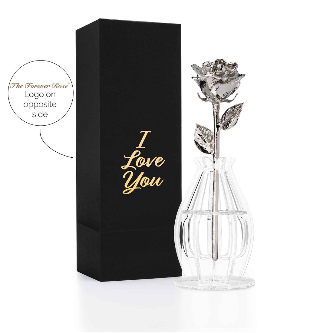 "I Love You" Personalized Platinum Forever Rose Combo with Bloom Box & Phantom Vase™ Combo