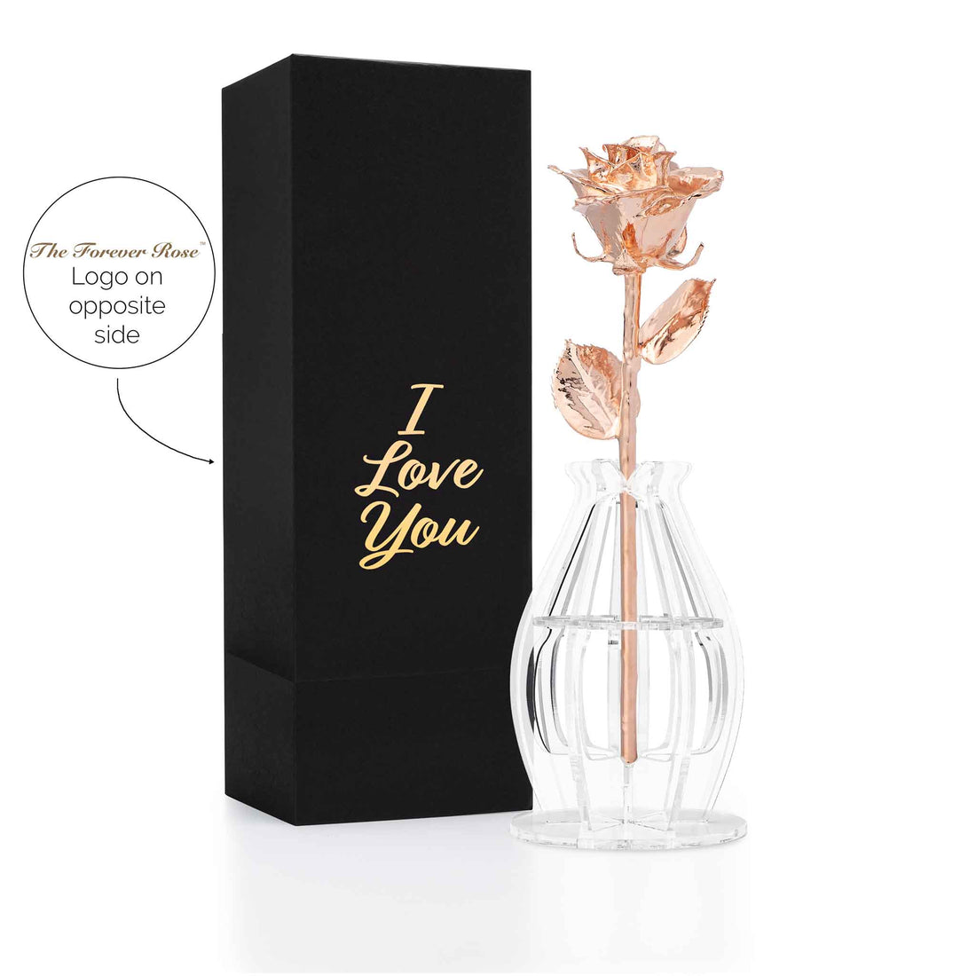 "I Love You" Personalized Rose Gold Forever Rose Combo with Bloom Box & Phantom Vase™ Combo