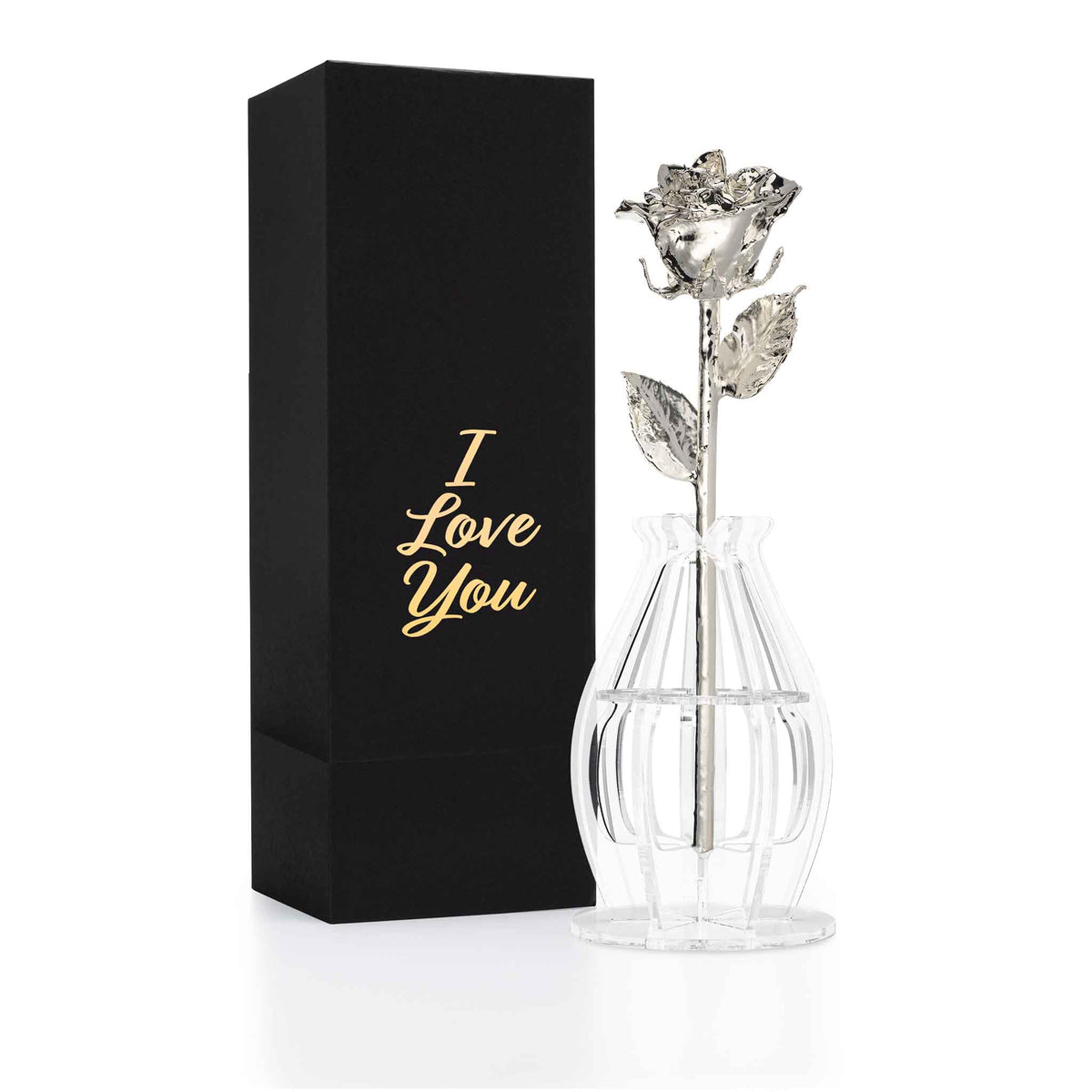 &quot;I Love You&quot; Personalized Silver Forever Rose Combo with Bloom Box &amp; Phantom Vase™ Combo