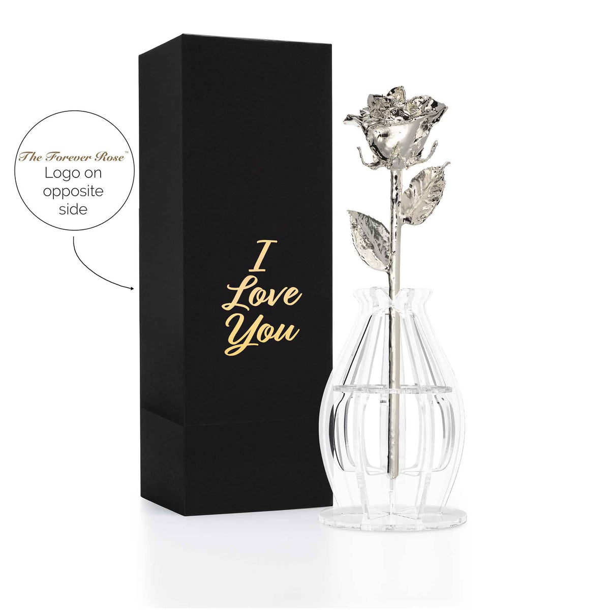 &quot;I Love You&quot; Personalized Silver Forever Rose Combo with Bloom Box &amp; Phantom Vase™ Combo