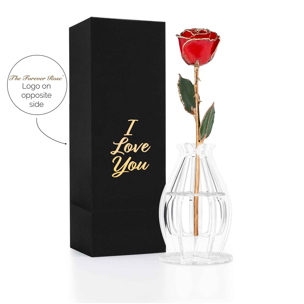 &quot;I Love You&quot; Personalized 24K Gold Trim Red Forever Rose Combo with Bloom Box &amp; Phantom Vase™ Combo