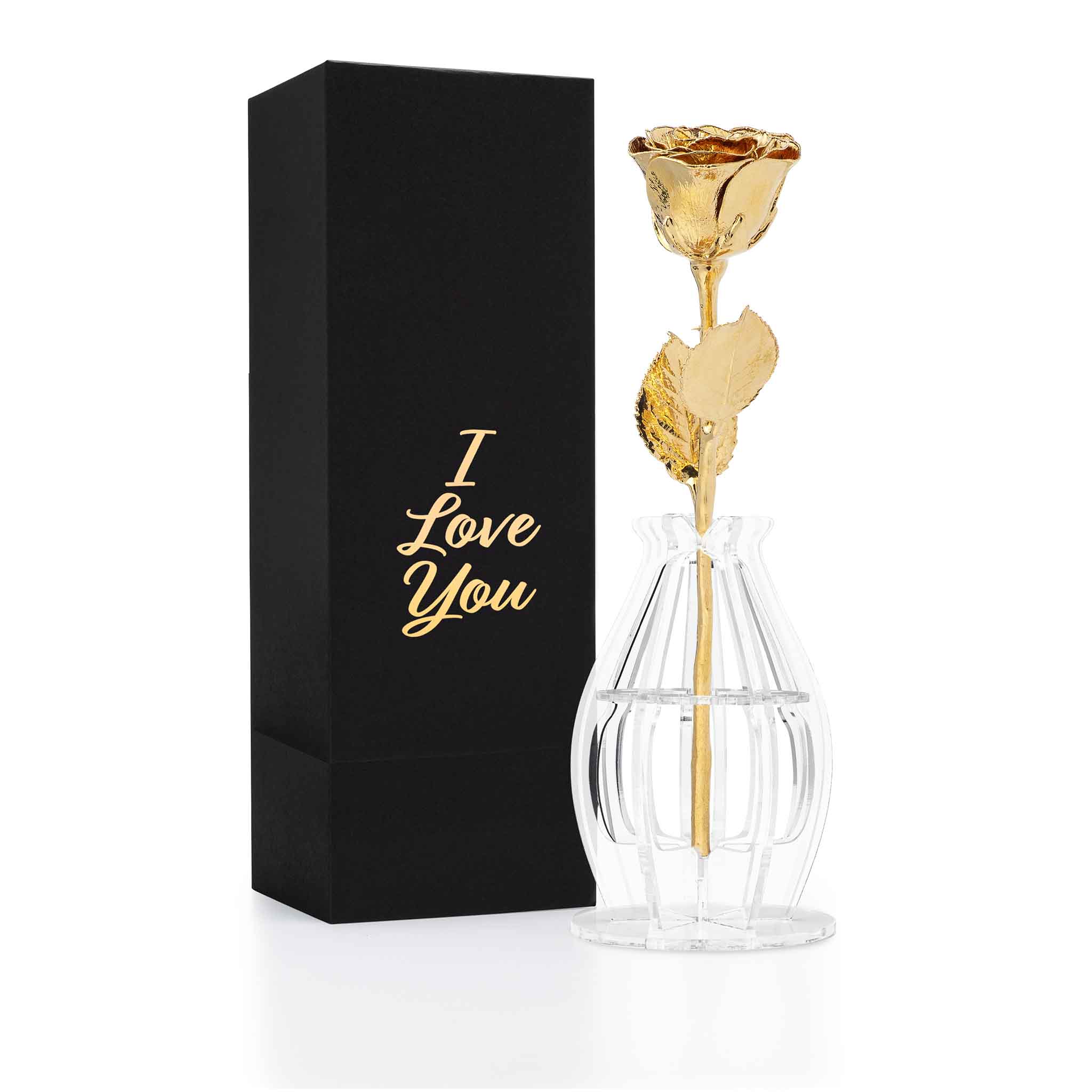 "I Love You" Personalized High Detail 24K Gold Forever Rose Combo with Bloom Box & Phantom Vase™ Combo
