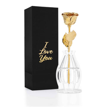 "I Love You" Personalized High Detail 24K Gold Forever Rose Combo with Bloom Box & Phantom Vase™ Combo