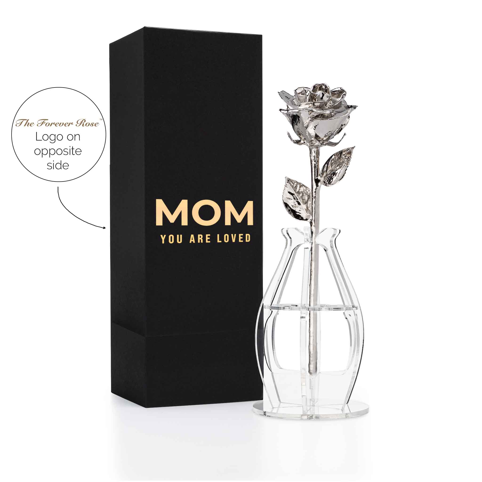 "Mom You Are Loved" Personalized Platinum Forever Rose Combo with Bloom Box & Phantom Vase™ Combo