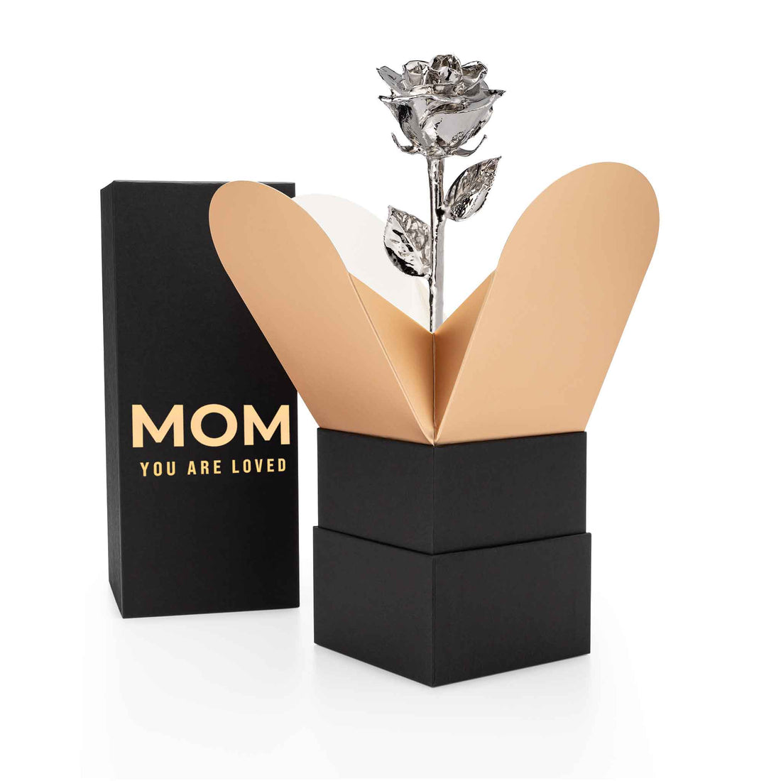 "Mom You Are Loved" Personalized Platinum Forever Rose Combo with Bloom Box & Phantom Vase™ Combo